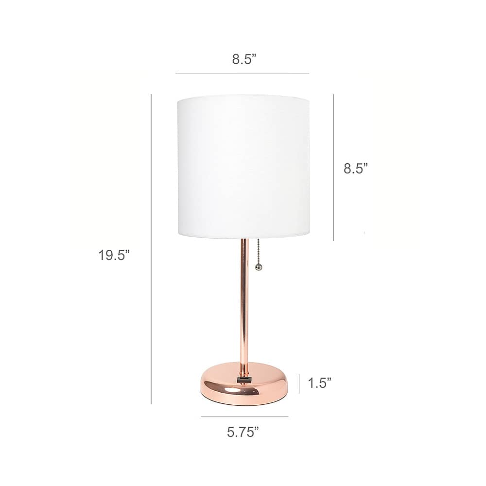 Left View: Limelights - Stick Lamp with USB charging port and Fabric Shade - White/Rose Gold