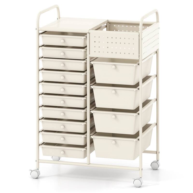 Alt View 4. WELLFOR - 14-Drawer Rolling Storage Cart with Metal Tabletop and Pegboard, Scrapbook Paper Office School Organizer - White.