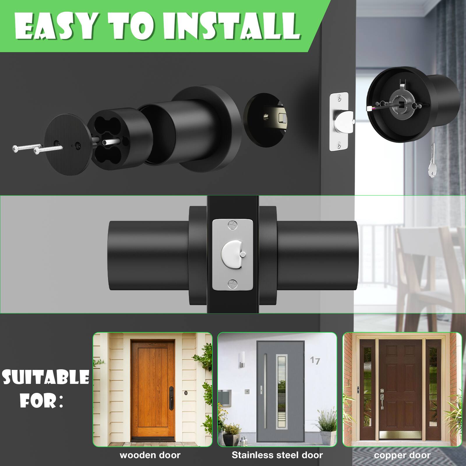 EASY TO INSTALL
SUITABLE FOR:
wooden door
Stainless steel door
copper door