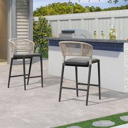 PURPLE LEAF - Outdoor Bar Stool Set of 2 Rattan Bar Stools with Back Metal Bar Height Stool Outdoor Bar Chair for Garden Kitchen - Dark Grey-Counter Height