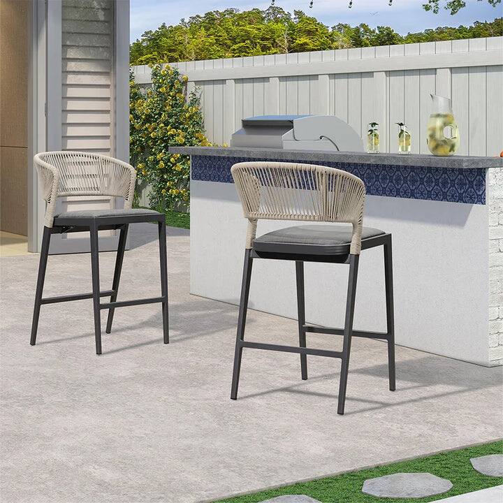 Alt View 1. PURPLE LEAF - Outdoor Bar Stool Set of 2 Rattan Bar Stools with Back Metal Bar Height Stool Outdoor Bar Chair for Garden Kitchen - Dark Grey-Counter Height.