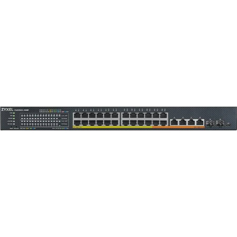 ZYXEL XMO1930-S0HP

10/100/1000 BASE-T RJ45 Ports
- 24 x 10/100/1000 BASE-T RJ45 Ports

LED Indicators
- PWR (Power)
- SYS (System)
- 1-24 (Port Activity)

Management
- Console Port (RJ45)
- Q-USB (USB Port)

Other Features
- 1 x 10/100/1000 BASE-T SFP Port
- 1 x 10/100/1000 BASE-T SFP Port

Specifications
- 19" Rack Mountable
- 1U Height

Made in China