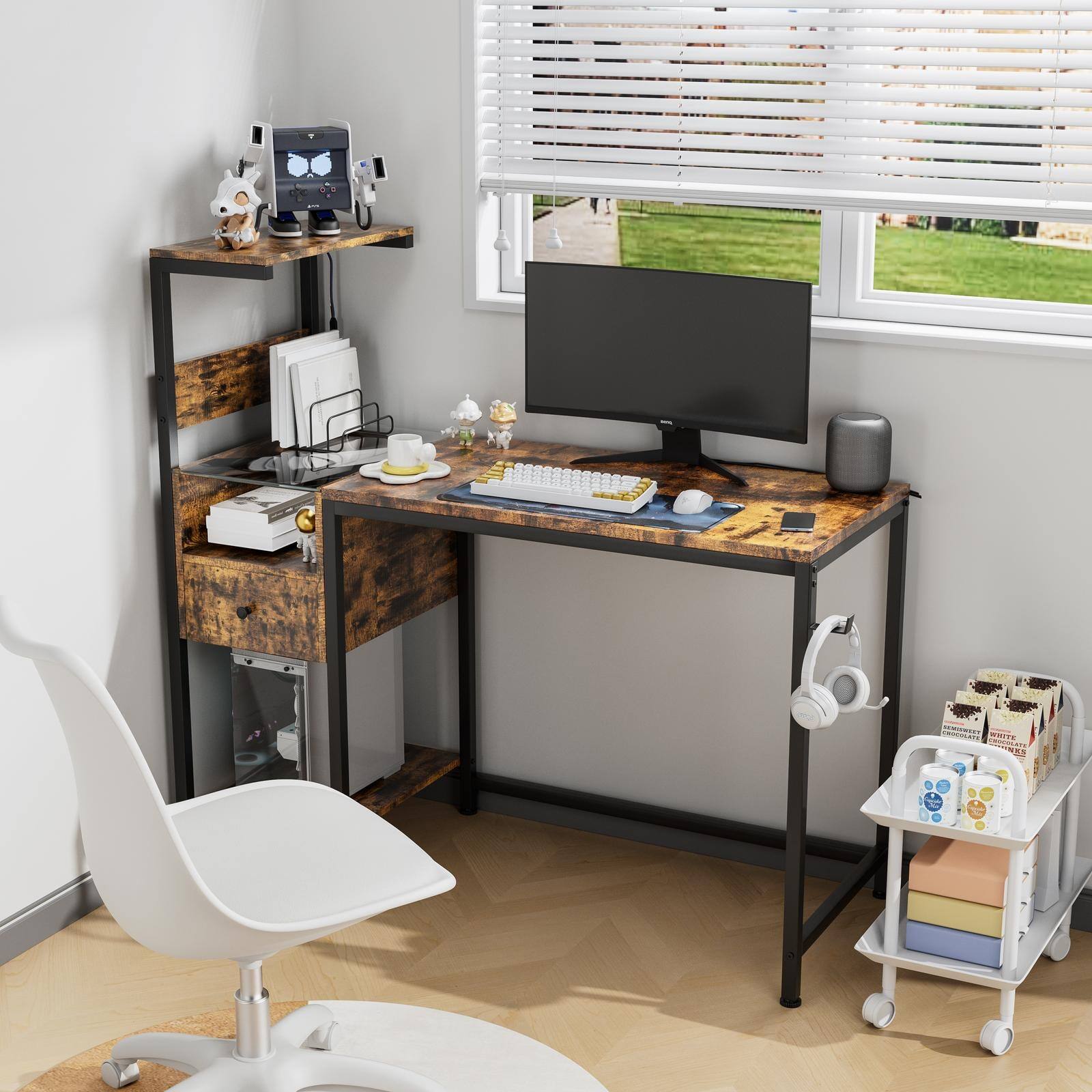 Back. Spaco - Spaco Computer Desk with USB Charging Station, Power Outlet Storage Shelf, for Home Office - Brown.