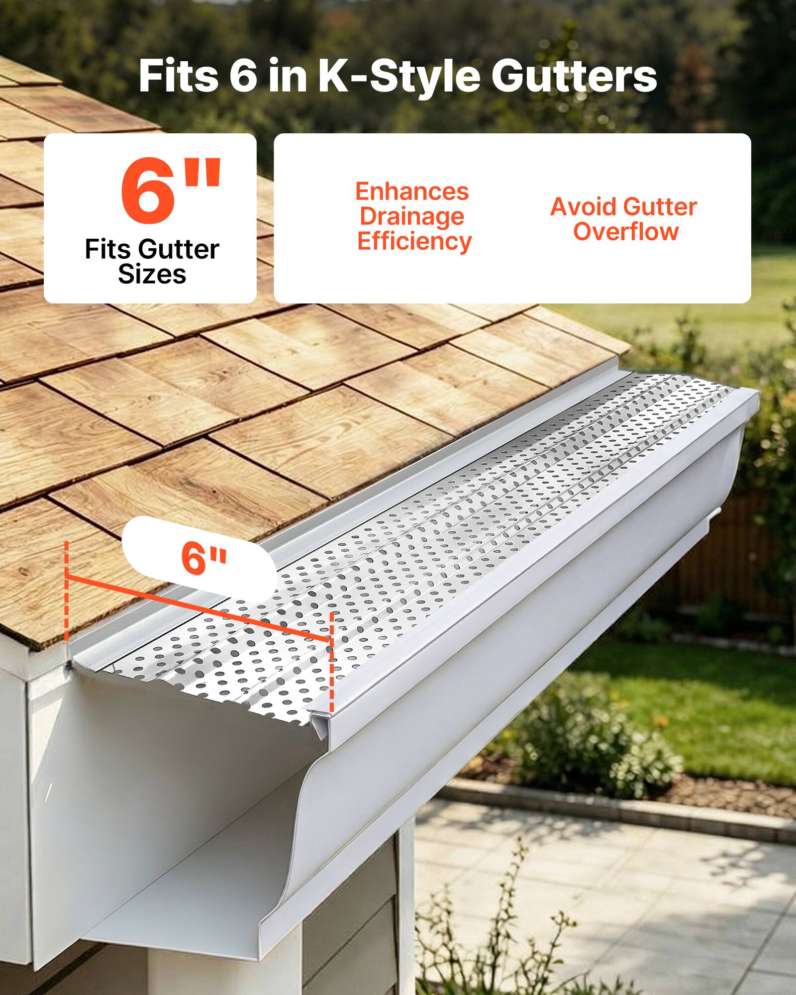 Fits 6 in K-Style Gutters  
6"  
Fits Gutter Sizes  
Enhances Drainage Efficiency  
Avoid Gutter Overflow