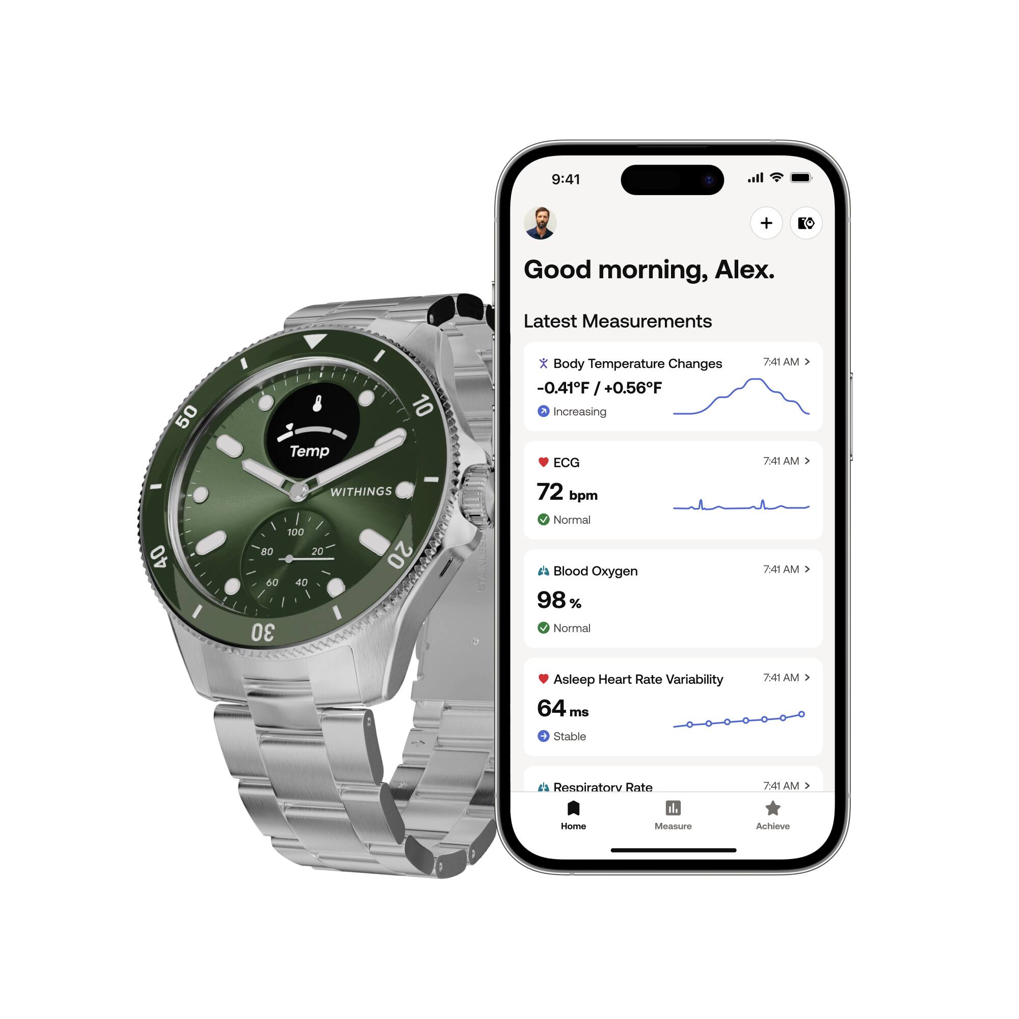 Angle. Withings - ScanWatch Nova - Premium Heart Health Hybrid Smartwatch - 43mm - Green.