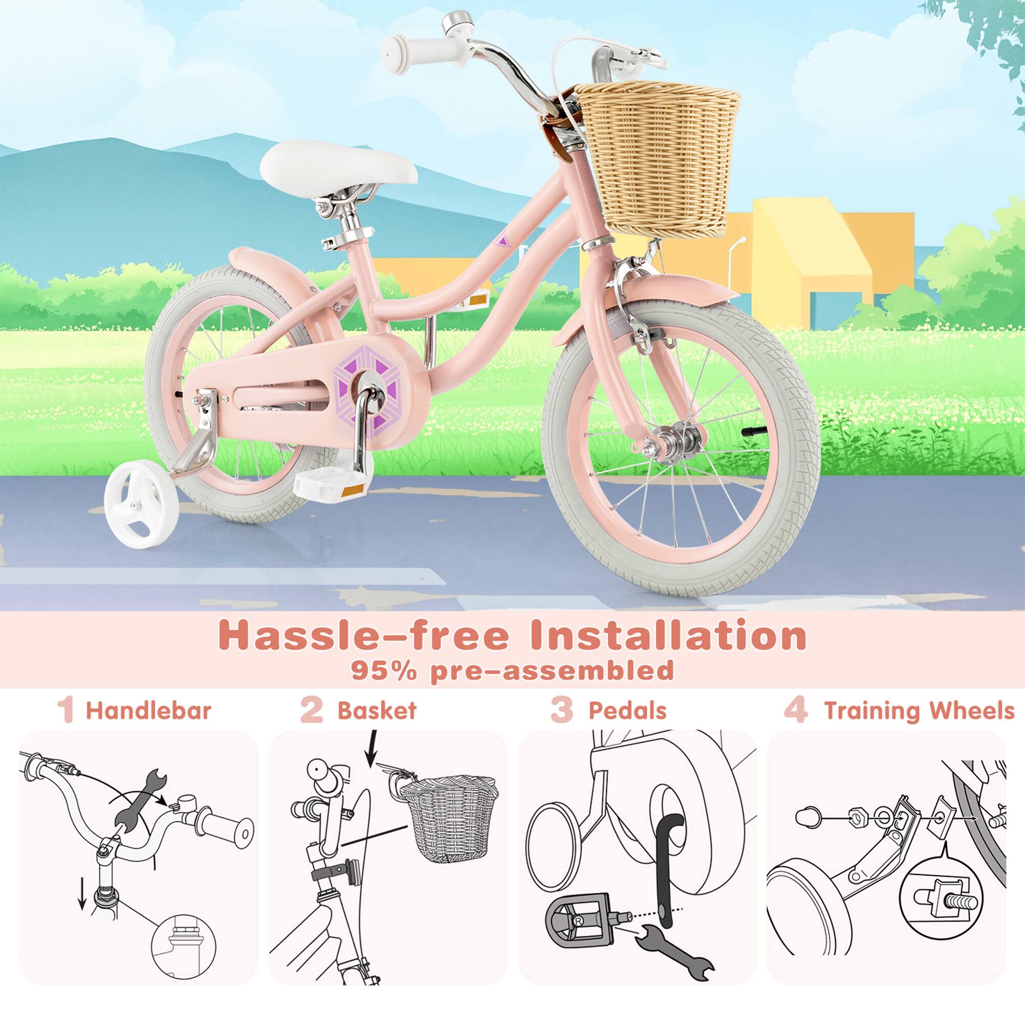 Hassle-free Installation  
95% pre-assembled  

1. Handlebar  
2. Basket  
3. Pedals  
4. Training Wheels