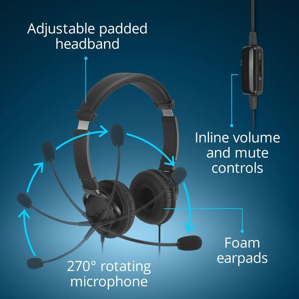 Adjustable padded headband  
Inline volume and mute controls  
270° rotating microphone  
Foam earpads