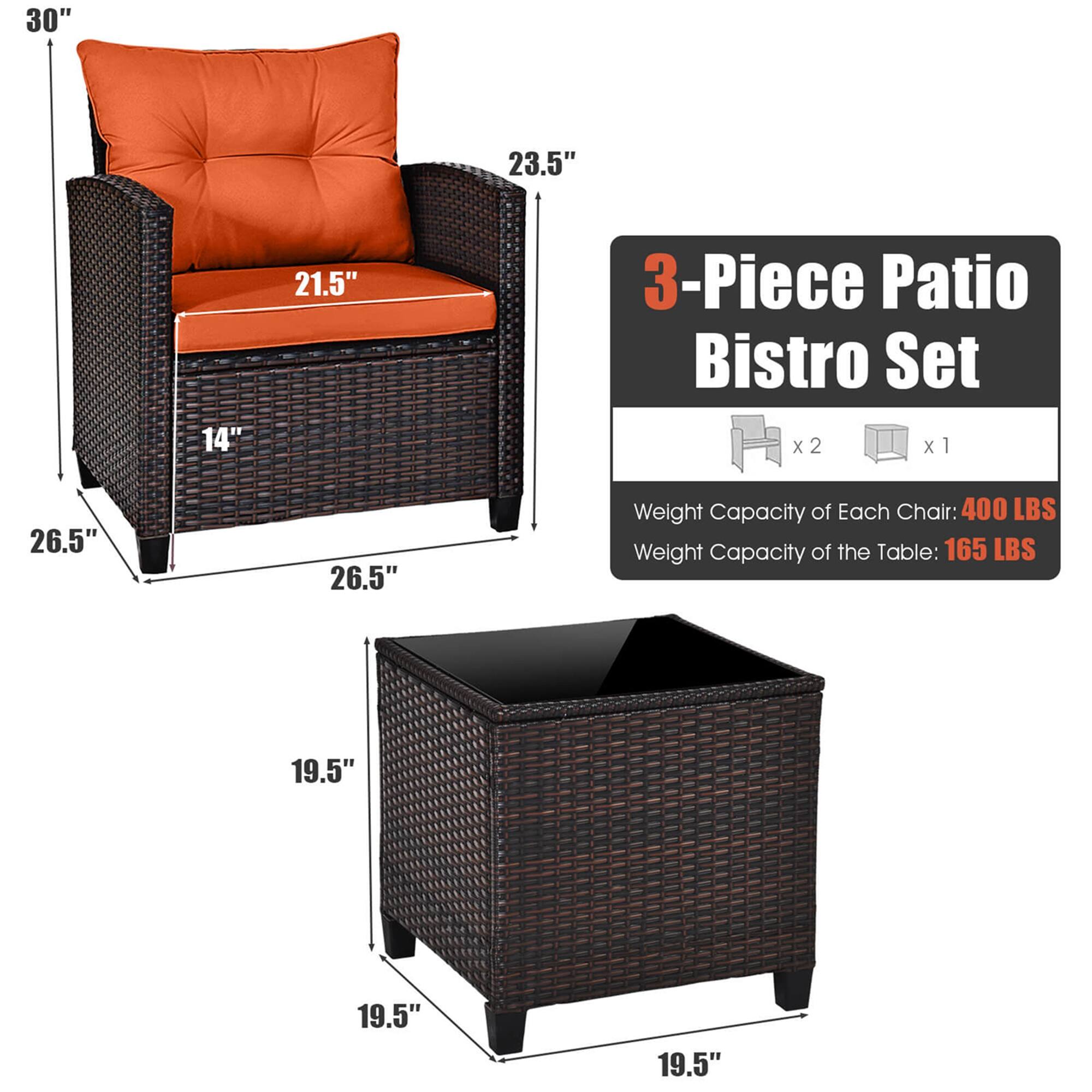 30" 23.5" 14" 21.5" 3-Piece Patio Bistro Set x 2 x1 x 1 26.5" 26.5" Weight Capacity of Each Chair: 400 LBS Weight Capacity of the Table: 165 LBS 19.5" 19.5" 19.5"