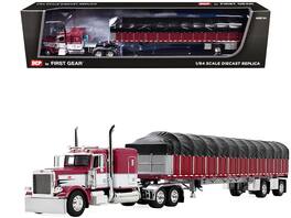 First Gear - Peterbilt 389 w/ 63" Flat Top Sleeper & 53’ Wilson Flatbed Trailer Covered Wagon Maroon/White 1/64 DCP - Maroon and White