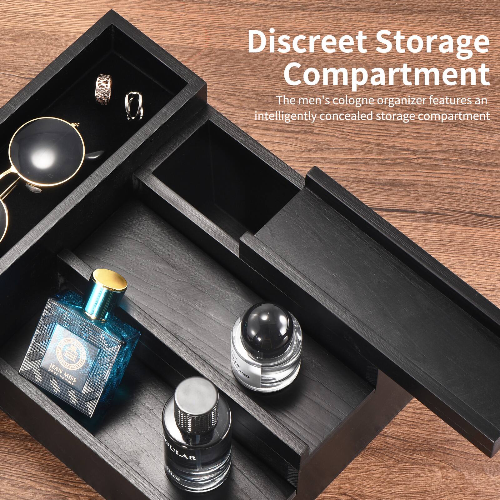 Discreet Storage Compartment

The men's cologne organizer features an intelligently concealed storage compartment.