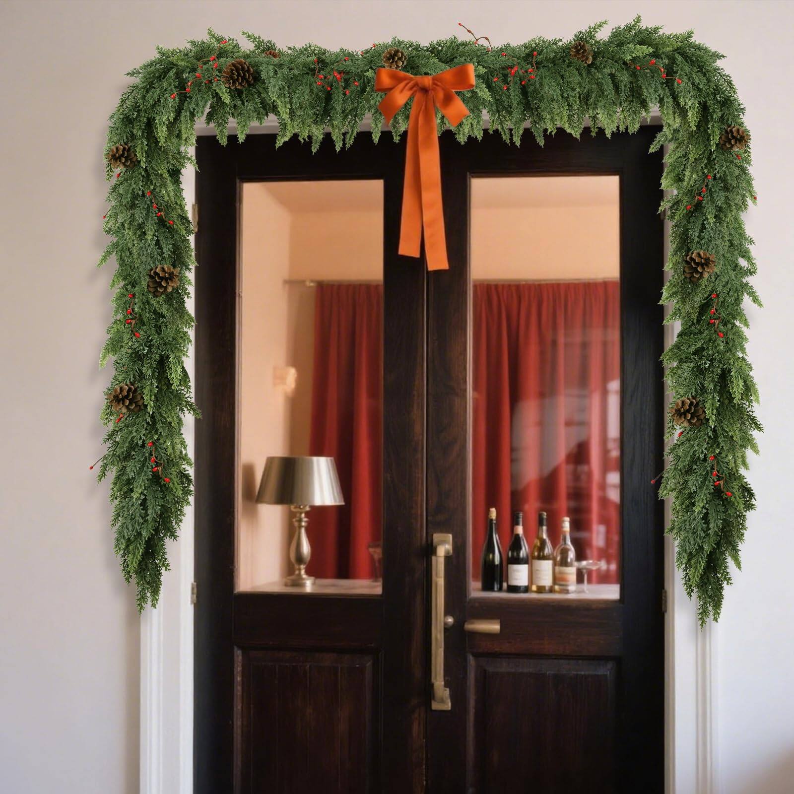 Alt View 8. Refined Abode Design - Realistic Christmas Garland Mantle Real Touch Thicklush Artificial Cedar Garlands Pine Conesred Berries - MULTI.