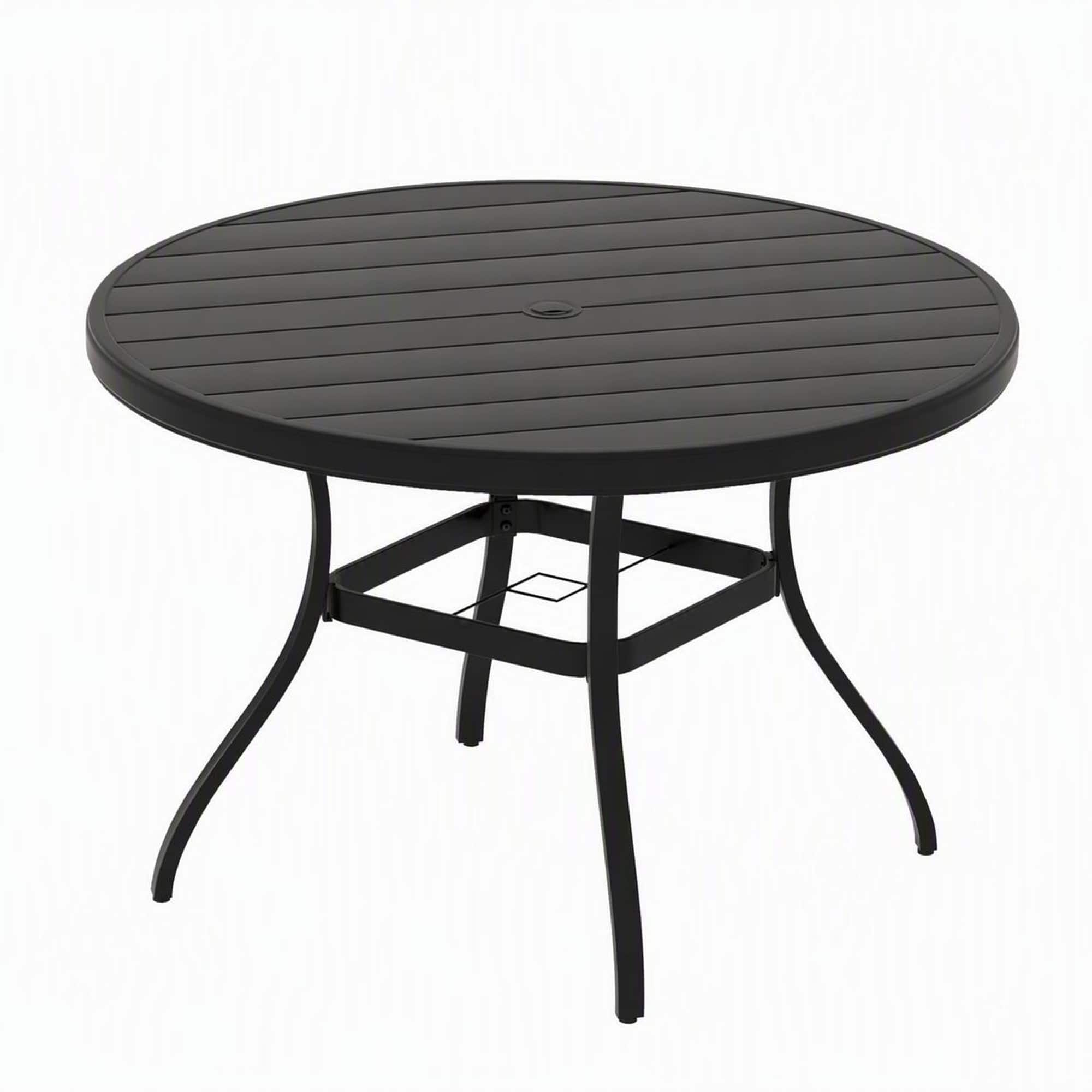 RYHNUYNE - Round Patio Dining Table with Umbrell Hole, Weatherproof Metal Frame, Finish for Deck Lawn Garden Backyard - Black