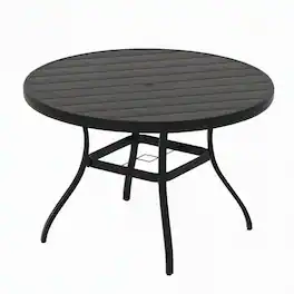 RYHNUYNE - Round Patio Dining Table with Umbrell Hole, Weatherproof Metal Frame, Finish for Deck Lawn Garden Backyard - Black