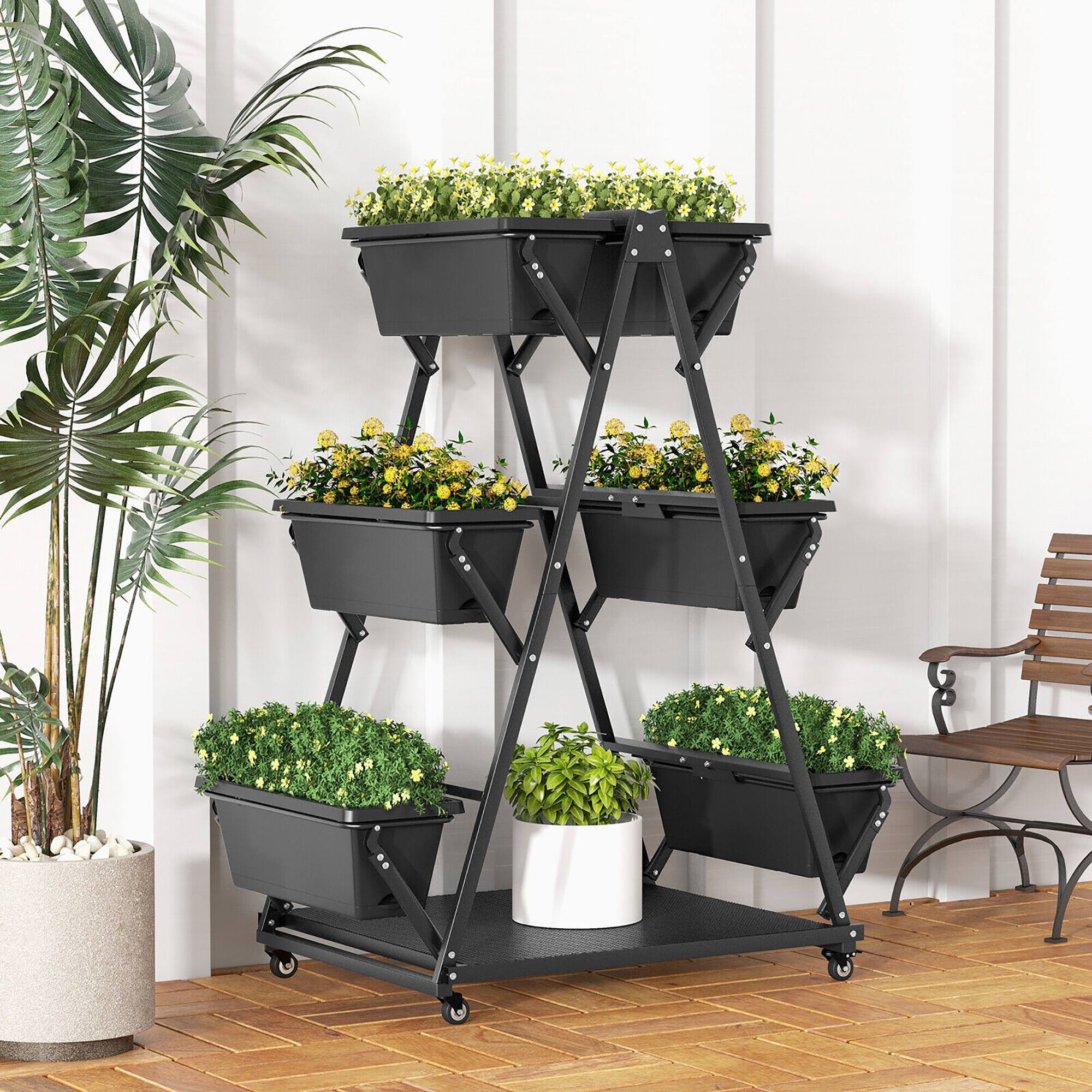 Alt View 1. Gymax - Gymax 3-tier Vertical Garden Planter Box w/ Lockable Wheels Drainage Holes for Patio - Black.
