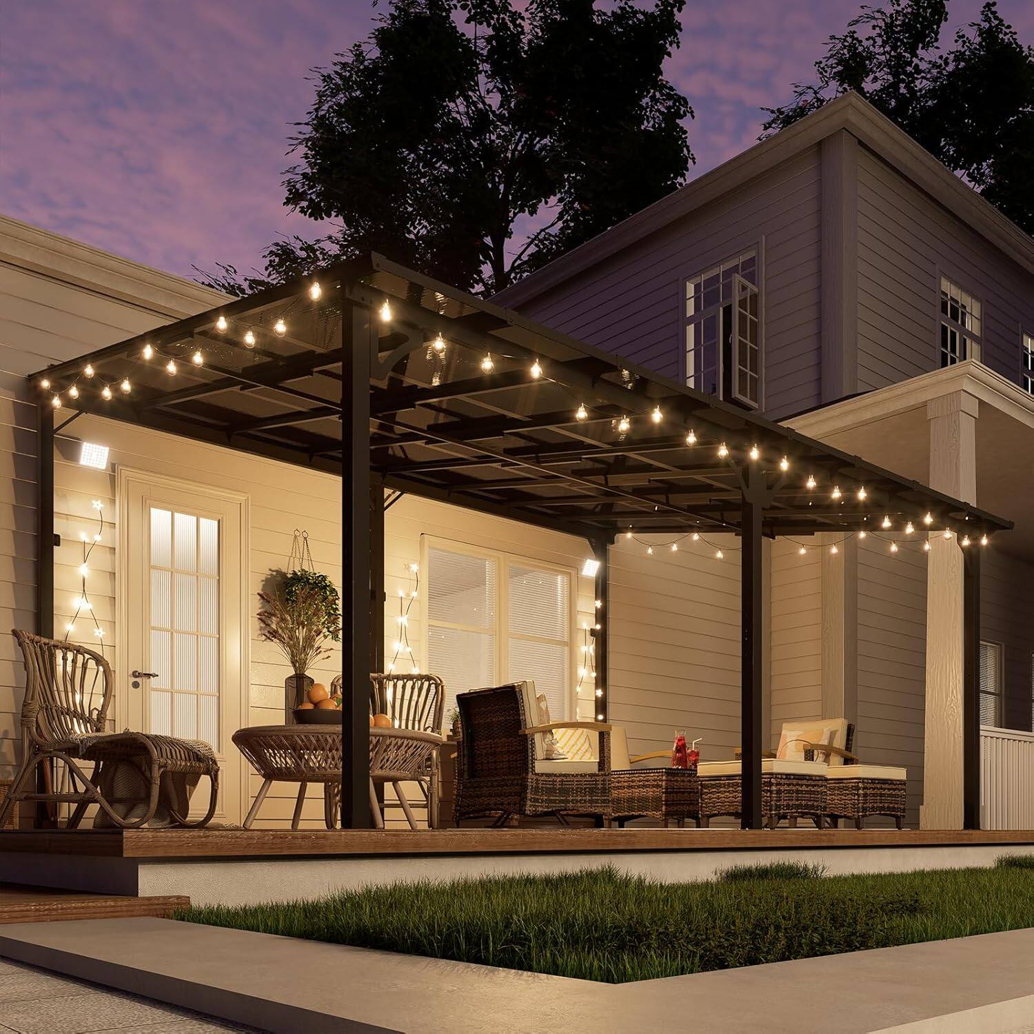 Angle. Yardgrace - 12'x 16' Outdoor Wall Mounted Lean-to Gazebo, Heavy Duty Sloped Roof Metal Awning for Patio, Decks & Backyard - Black.