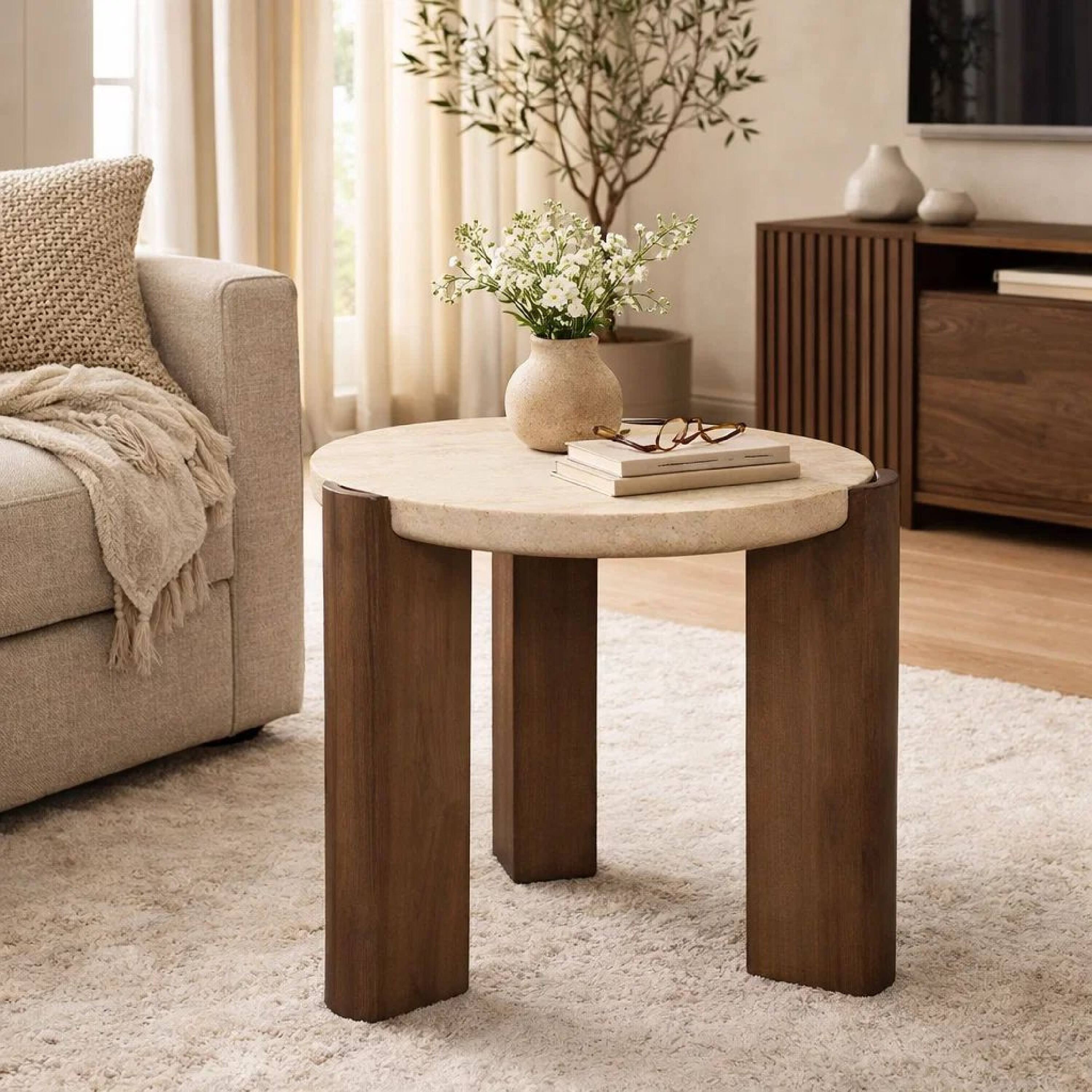 Alt View 5. Manhattan Lane - Hery Side End Table, 22 Inch Round Travertine Top, Dark Oak Brown Legs - Beige, Dark Oak Brown.