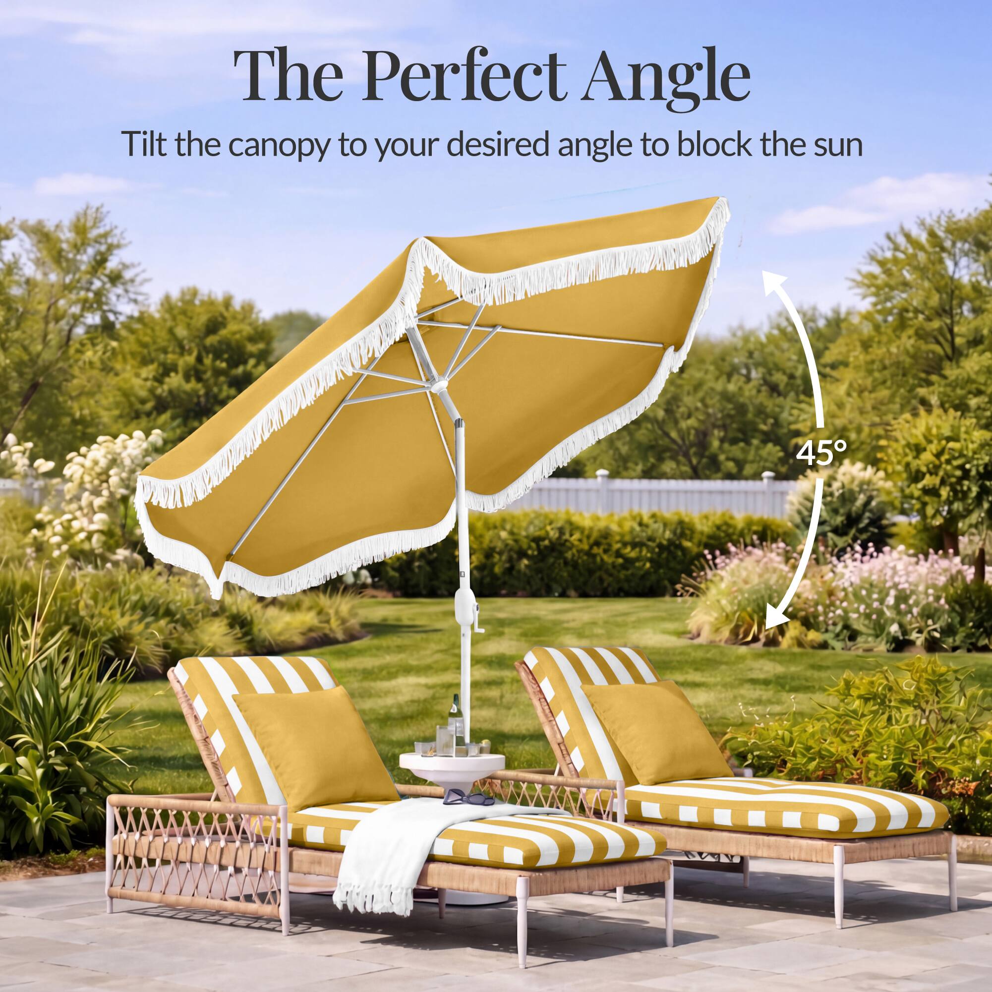 The Perfect Angle  
Tilt the canopy to your desired angle to block the sun  
45°
