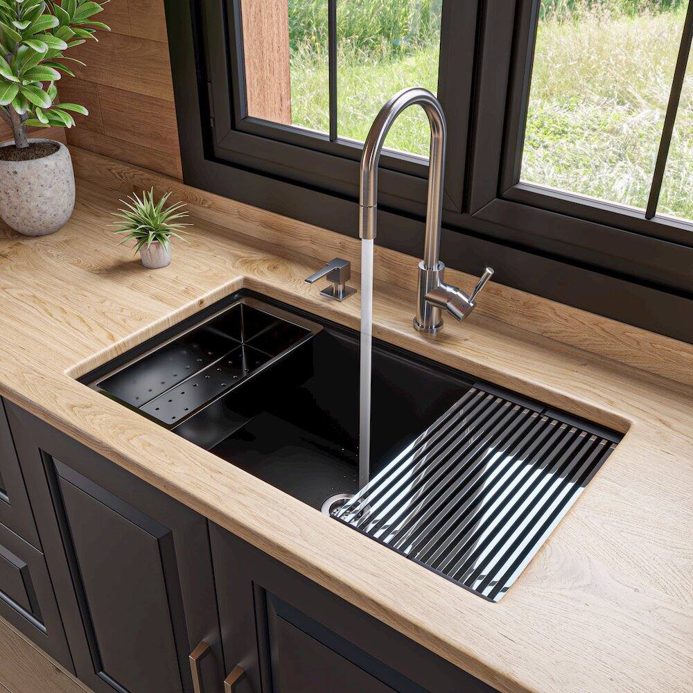 Angle. Alfi - Black 33" Granite Composite Workstation Step Rim Single Bowl Undermount Sink - Black.