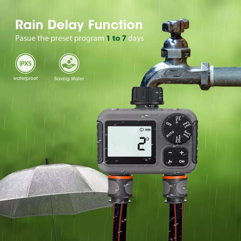 Rain Delay Function  
Pause the preset program 1 to 7 days  

IPX5 waterproof  
Saving Water  

2°  

OFF  
AUTO  
How Long  
How Often  

-  
+  

OK