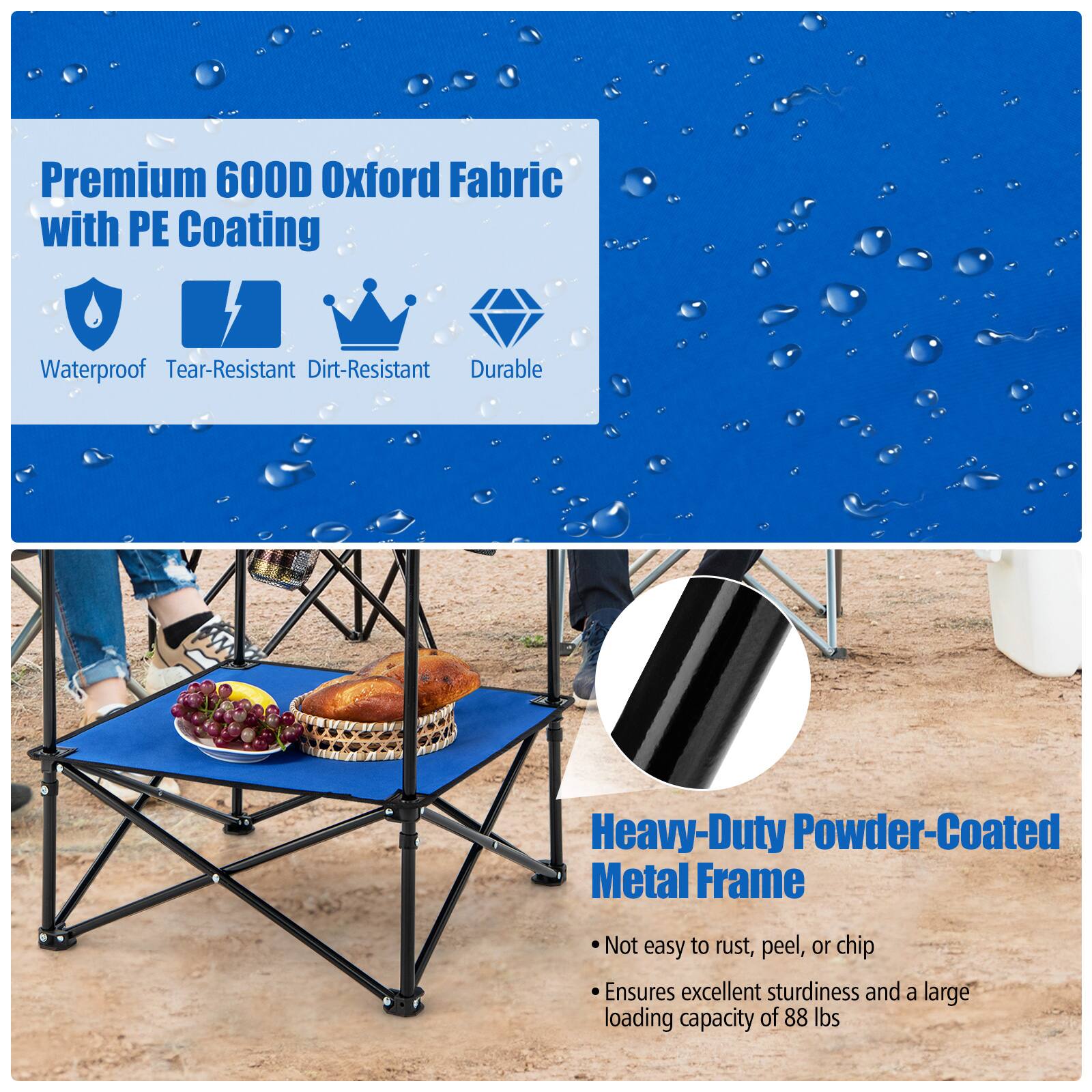Premium 600D Oxford Fabric with PE Coating Waterproof Tear-Resistant Dirt-Resistant Durable Heavy-Duty Powder-Coated Metal Frame Not easy to rust, peel, or chip Ensures excellent sturdiness and a large loading capacity of 88 lbs.