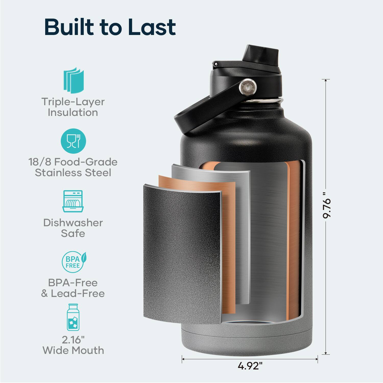 Built to Last

- Triple-Layer Insulation
- 18/8 Food-Grade Stainless Steel
- Dishwasher Safe
- BPA-Free & Lead-Free
- 2.16" Wide Mouth
- 4.92" Diameter
- 9.76" Height
