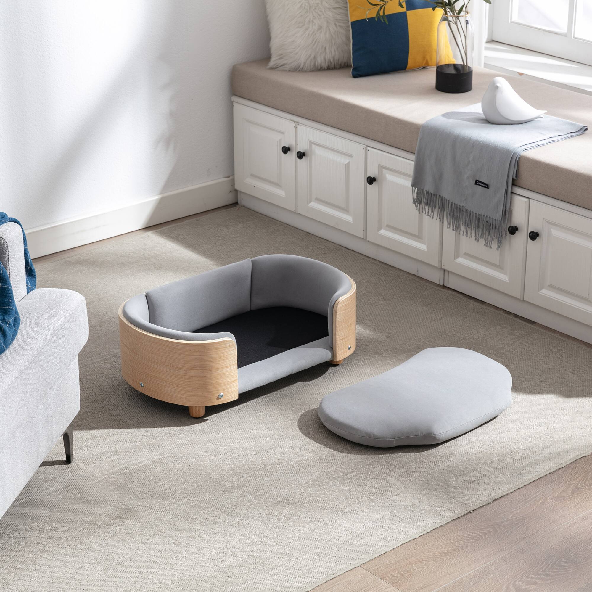 Left. APRILSOUL - Scandinavian style Elevated Dog Bed Pet Sofa With Solid Wood legs and Bent Wood Back Velvet CushionSmall Size - LIGHT GREY.