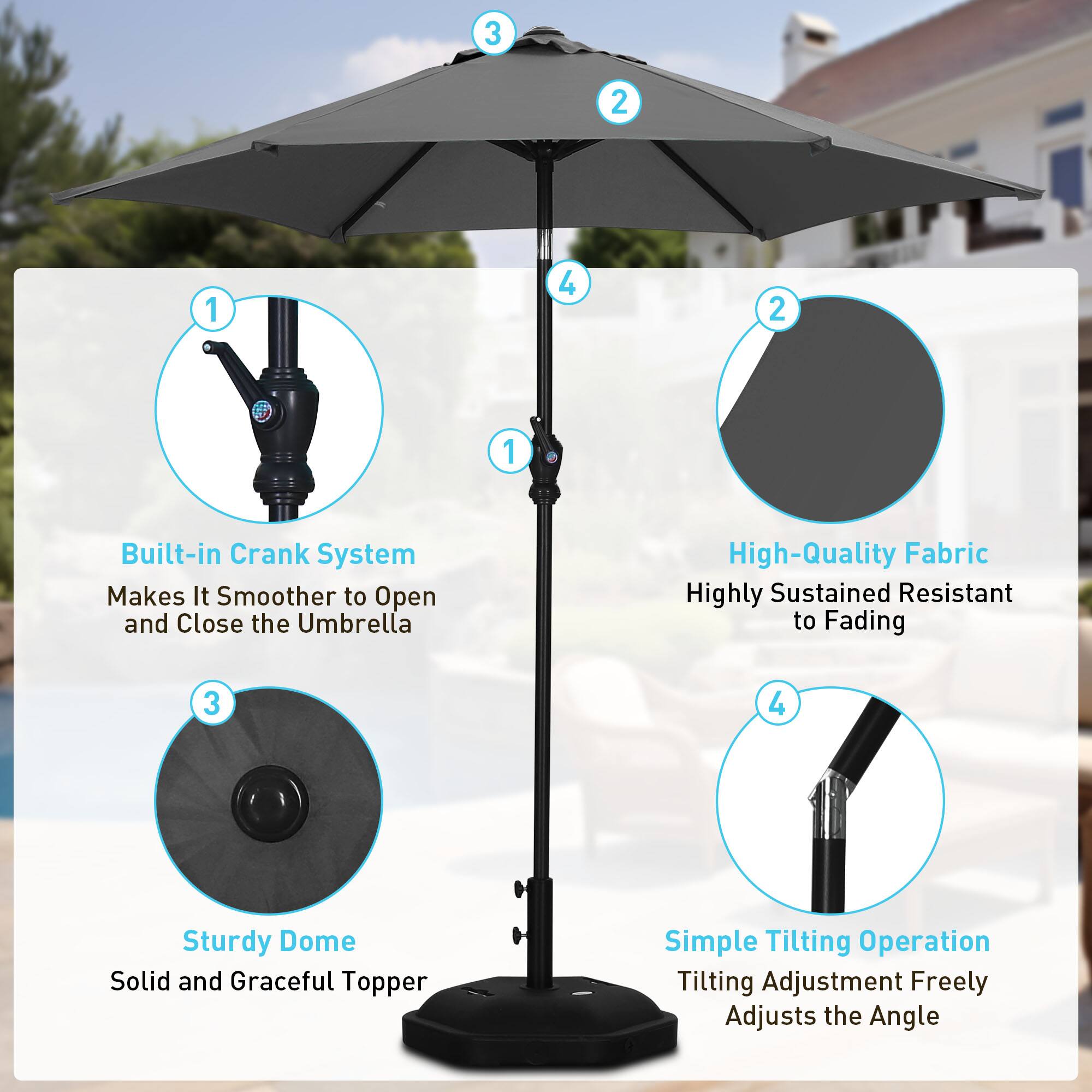 1. Built-in Crank System Makes It Smoother to Open and Close the Umbrella
2. High-Quality Fabric Highly Sustained Resistant to Fading
3. Sturdy Dome Solid and Graceful Topper
4. Simple Tilting Operation Tilting Adjustment Freely Adjusts the Angle