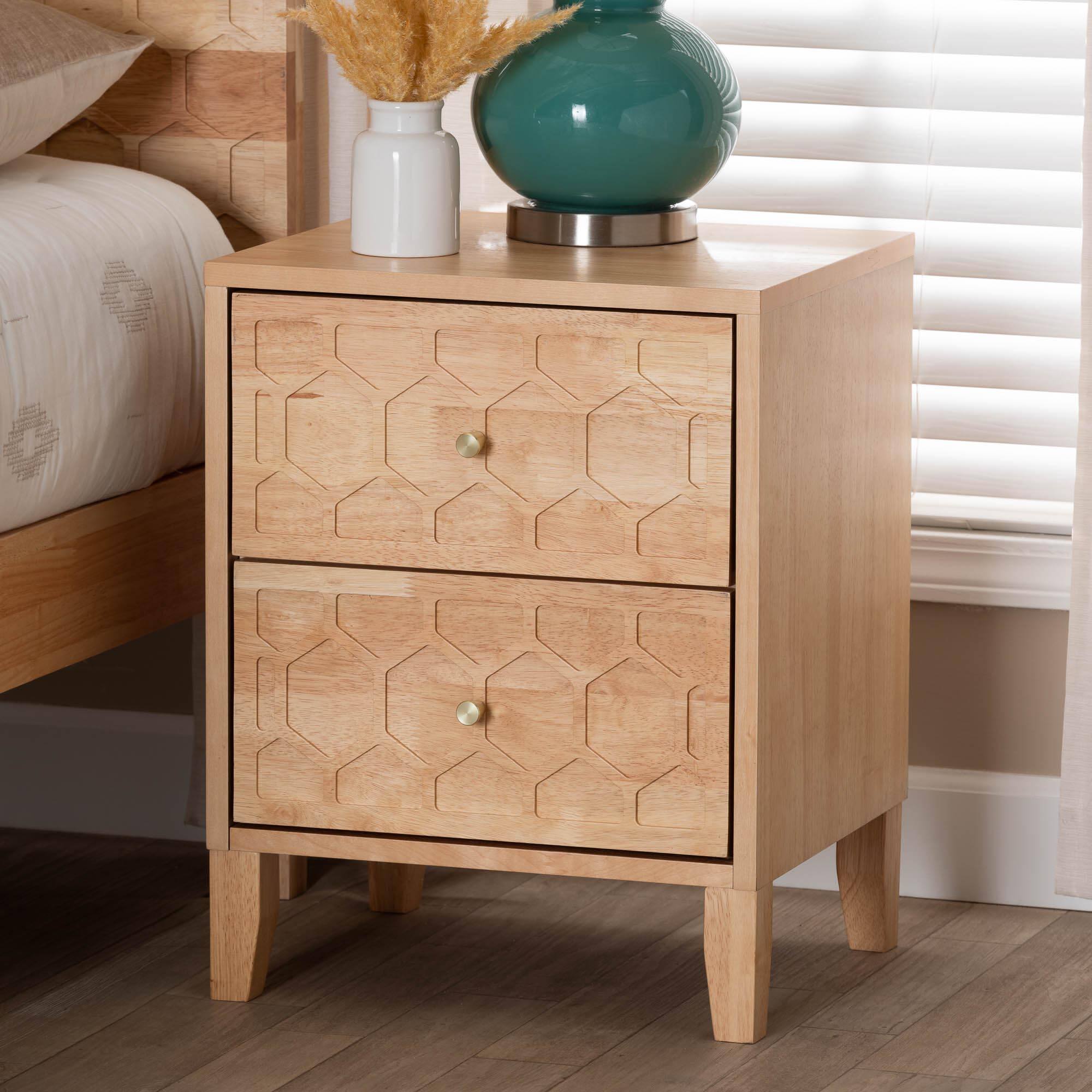 Alt View 4. Baxton Studio - Hosea Japandi Carved Honeycomb Natural 2-Drawer Nightstand - Natural.