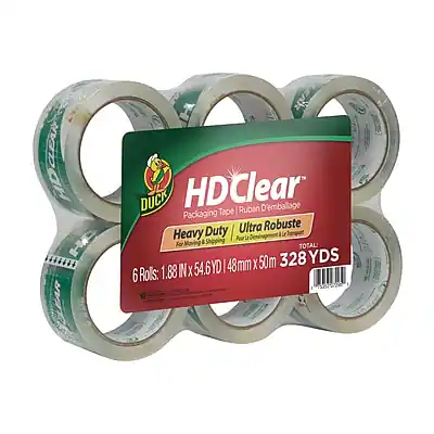 HD Clear
Packaging Tape | Ruban D'emballage
Heavy Duty | Ultra Robuste
6 Rolls: 1.88" x 54.6" | 48mm x 54mm
328 YDS | 300m
For Moving | Shipping