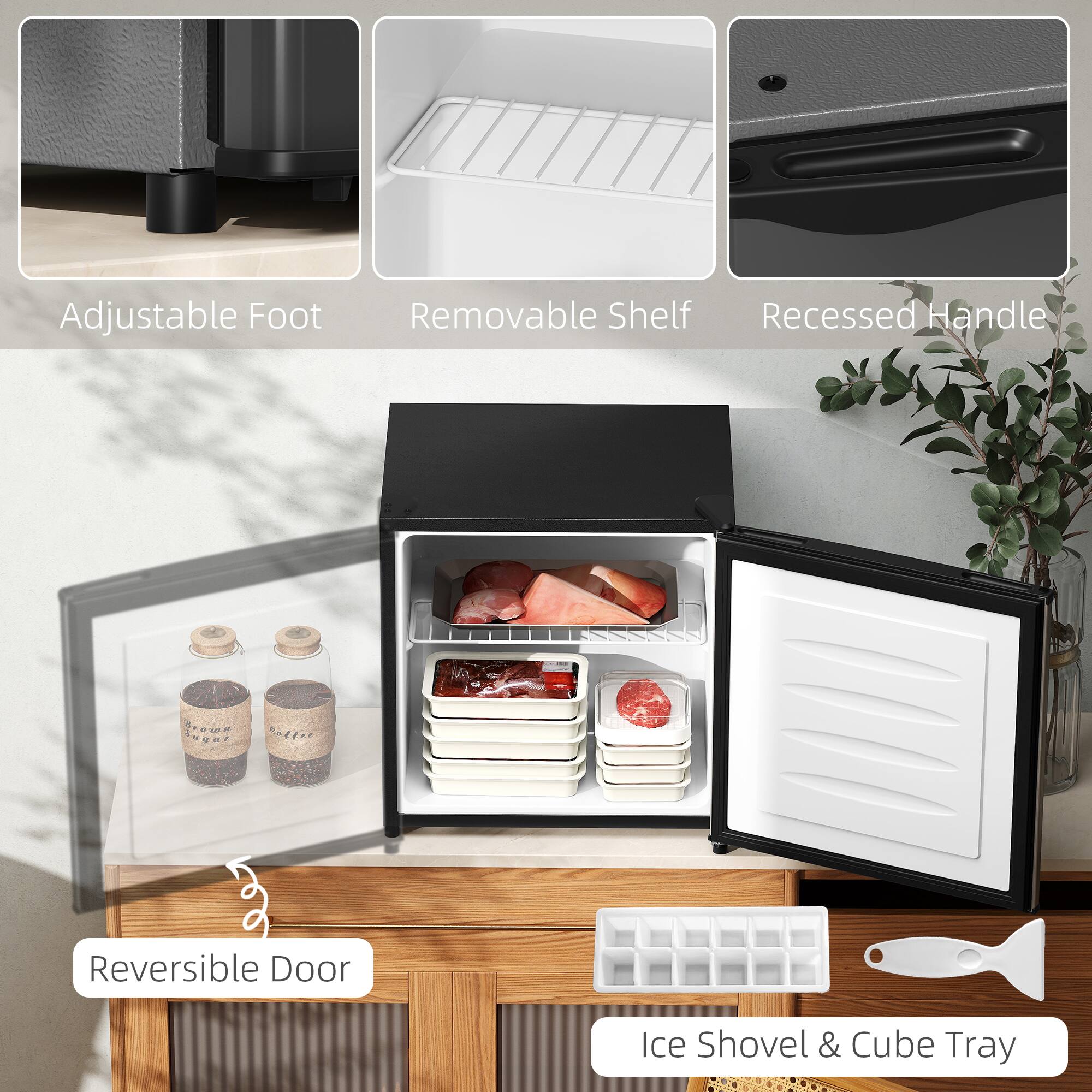 Adjustable Foot  
Removable Shelf  
Recessed Handle  
Reversible Door  
Ice Shovel & Cube Tray