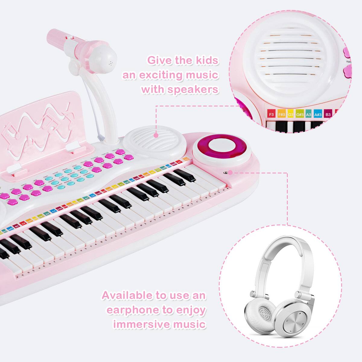 Give the kids an exciting music experience with speakers. The toy keyboard is equipped with a built-in speaker system, allowing the children to enjoy their music with a more immersive sound. Additionally, the toy keyboard comes with an earphone, which can be used to listen to music privately or to focus on the music without any distractions.