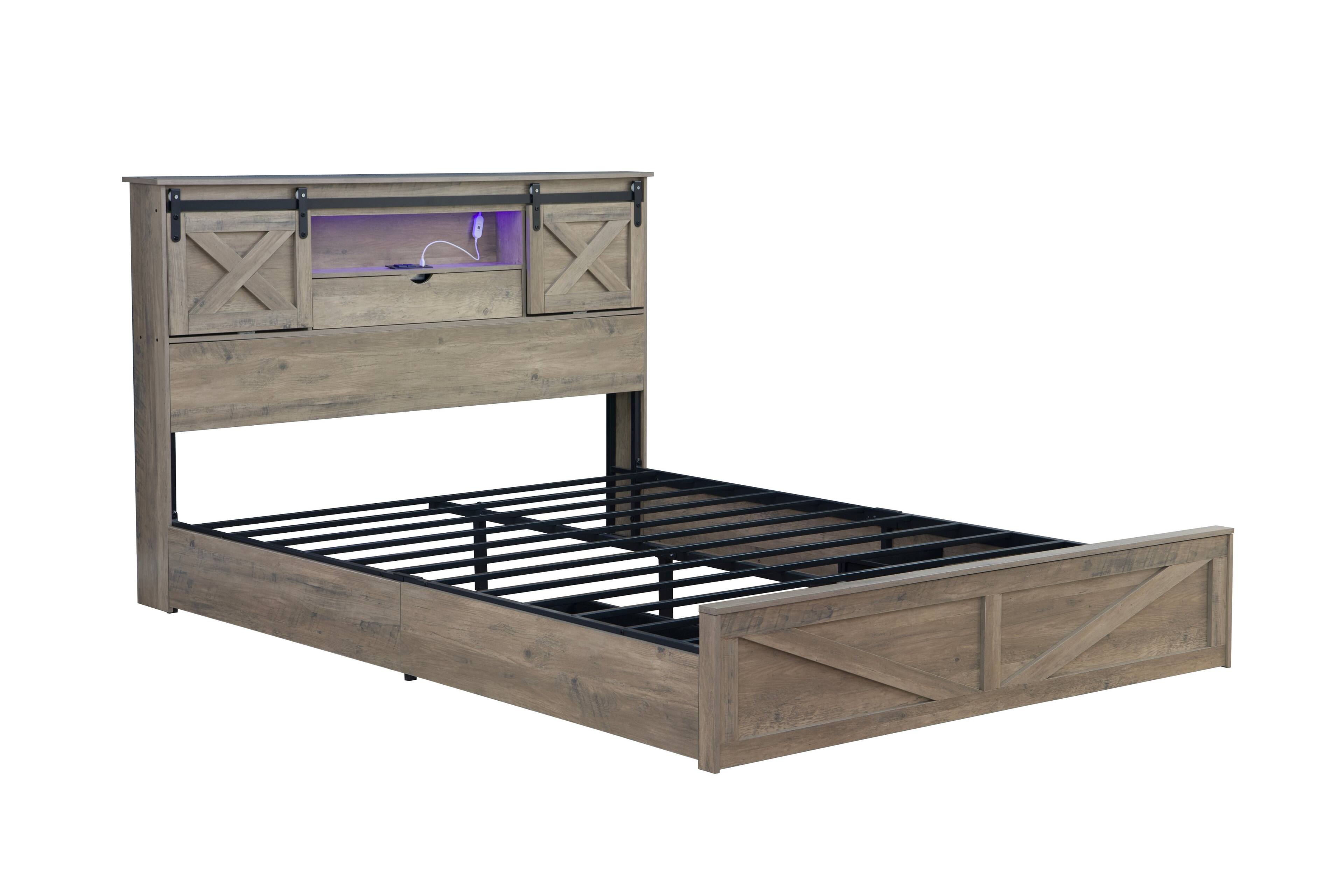 Alt View 1. LUCKY ONE - Farmhouse Queen Size Bed Frame with LED Lights,Charging Station and 2 Storage Drawers - Grey.