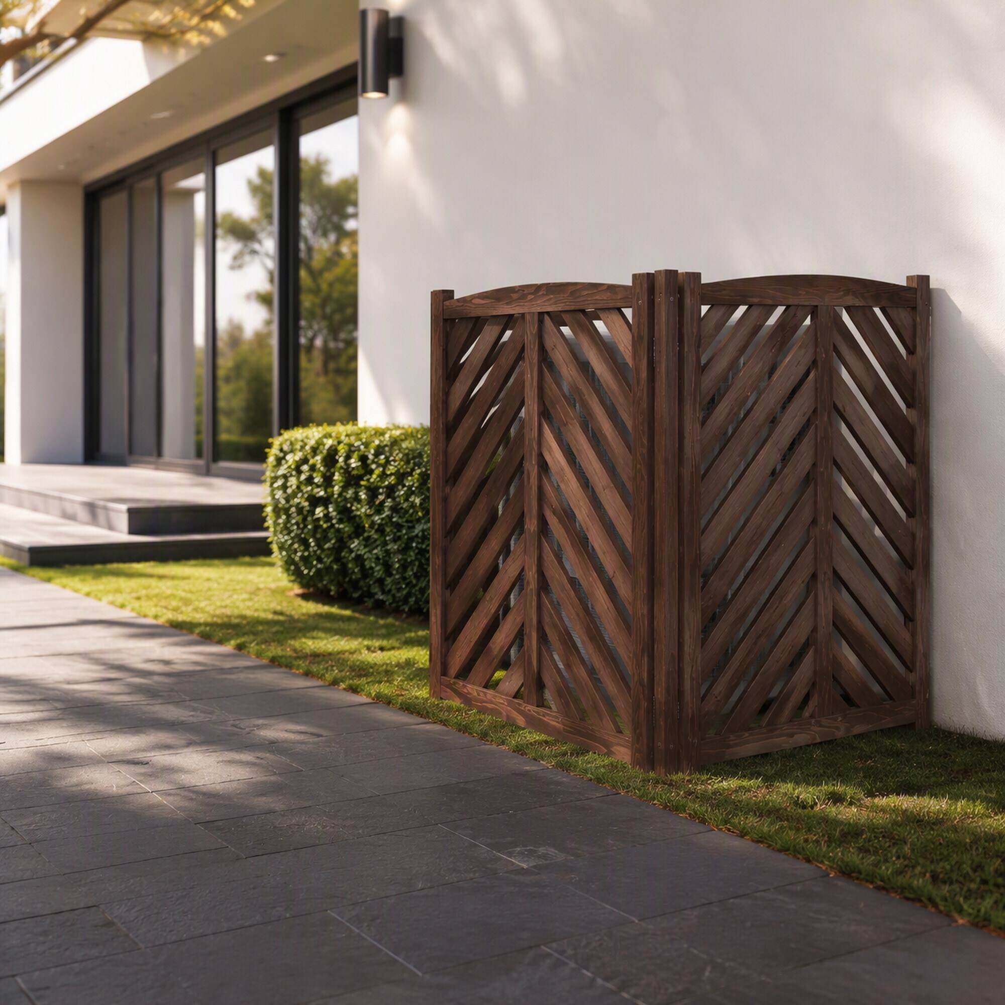 Angle. RYHNUYNE - Outdoor Cedar AC Privacy Screen 3 Panel Fence 33 by 38 Inch Air Conditioner Cover for Backyard Trash and Pool Pump - Brown.