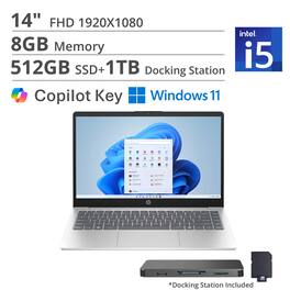 HP - 14" FHD Laptop,Intel Core i5-1334U,8GB DDR4,512GB SSD+1TB Dock Station,Intel Iris Xe GPU,Copilot,Win 11 - Silver