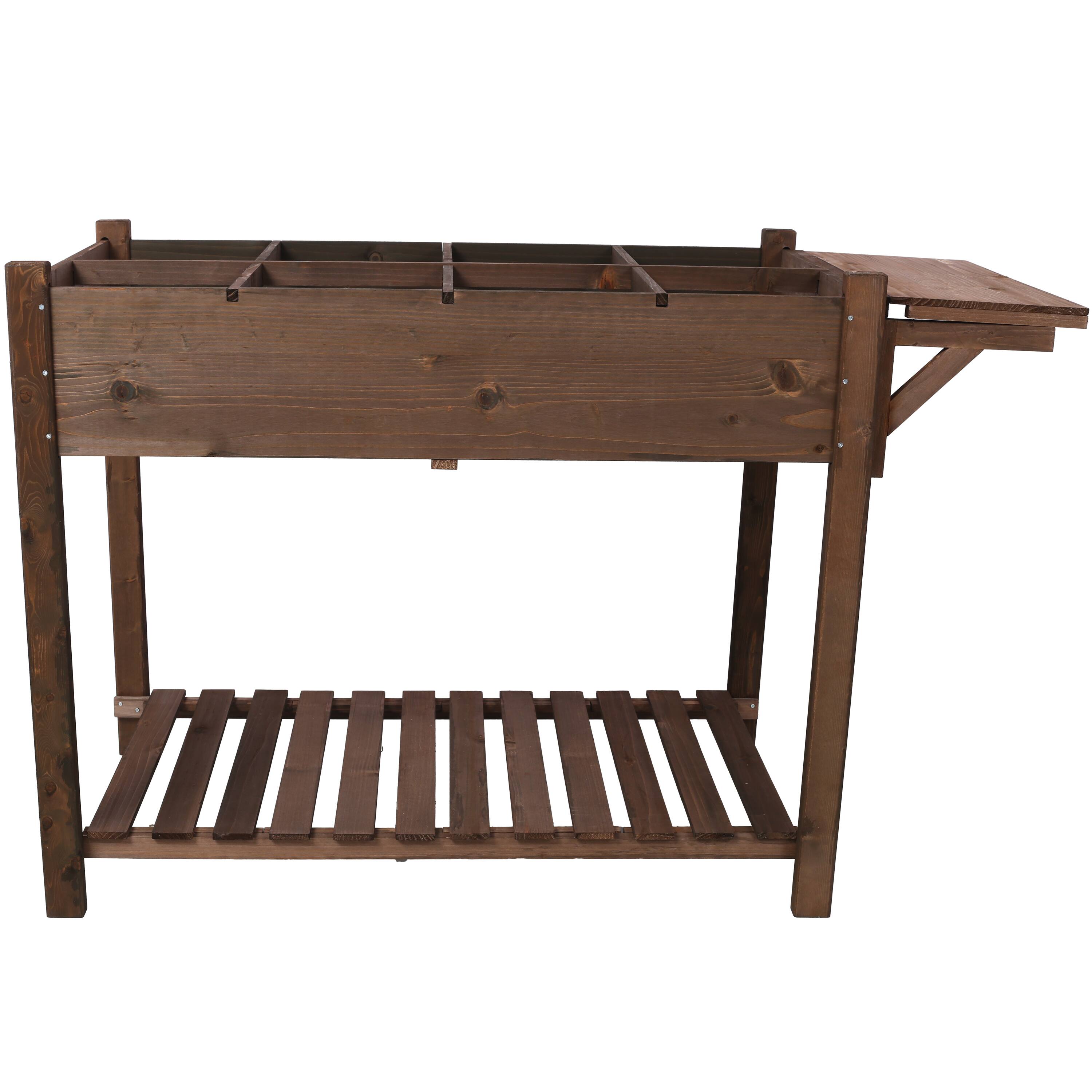 Back. GOODSILO - 8-Pocket Elevated Wood Planter Box with Foldable Side Table and Storage Shelf for Herb, Vegetable, and Flower Gardening - Brown.