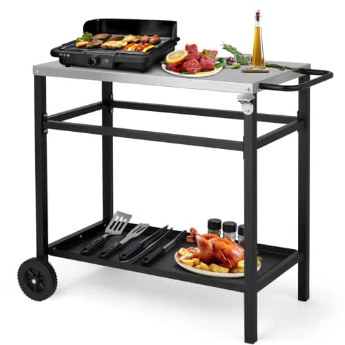 Winado - Movable Charcoal Grill Dining Cart Table, Bar Table Top for Indoor Outdoor Food Prep, Pizza Oven, Patio, Garden, Parties - Black