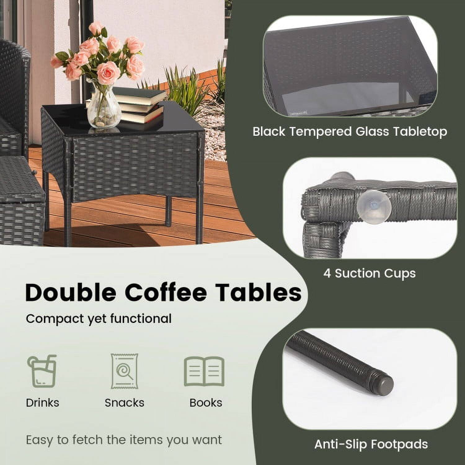 Black Tempered Glass Tabletop  
4 Suction Cups  
Double Coffee Tables  
Compact yet functional  
Drinks  
Snacks  
Books  
Easy to fetch the items you want  
Anti-Slip Footpads