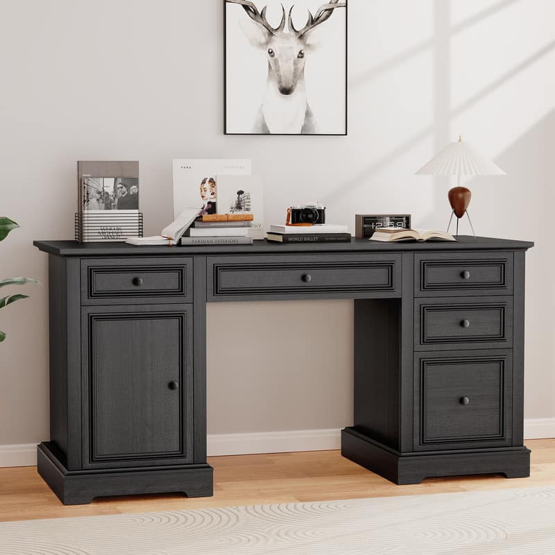 Vipbear - 60" Farmhouse Embossed Texture Wood Executive Desk with Drawers and Cabinet, Rustic Computer Writing Desk - Black