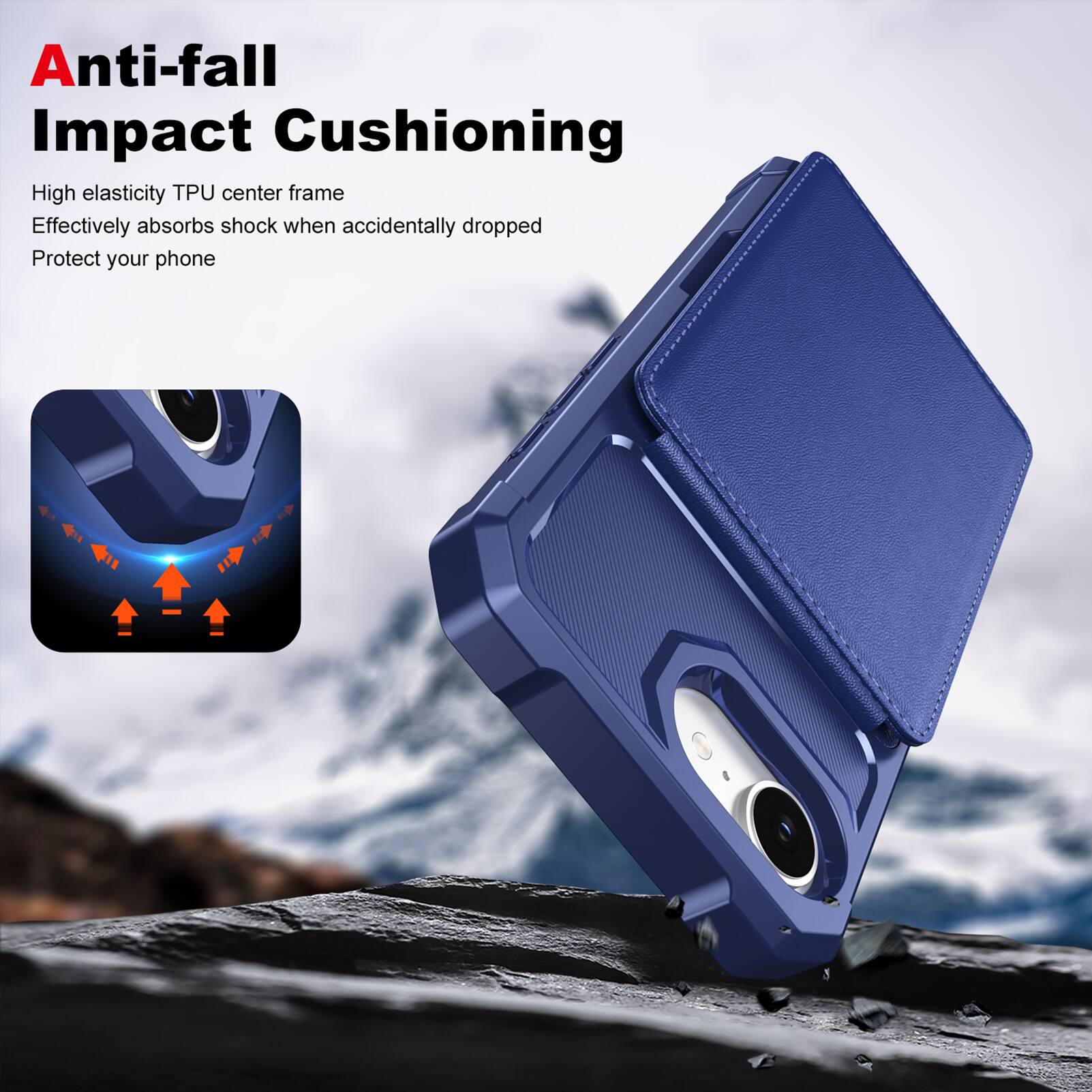 Anti-fall Impact Cushioning

High elasticity TPU center frame  
Effectively absorbs shock when accidentally dropped  
Protect your phone