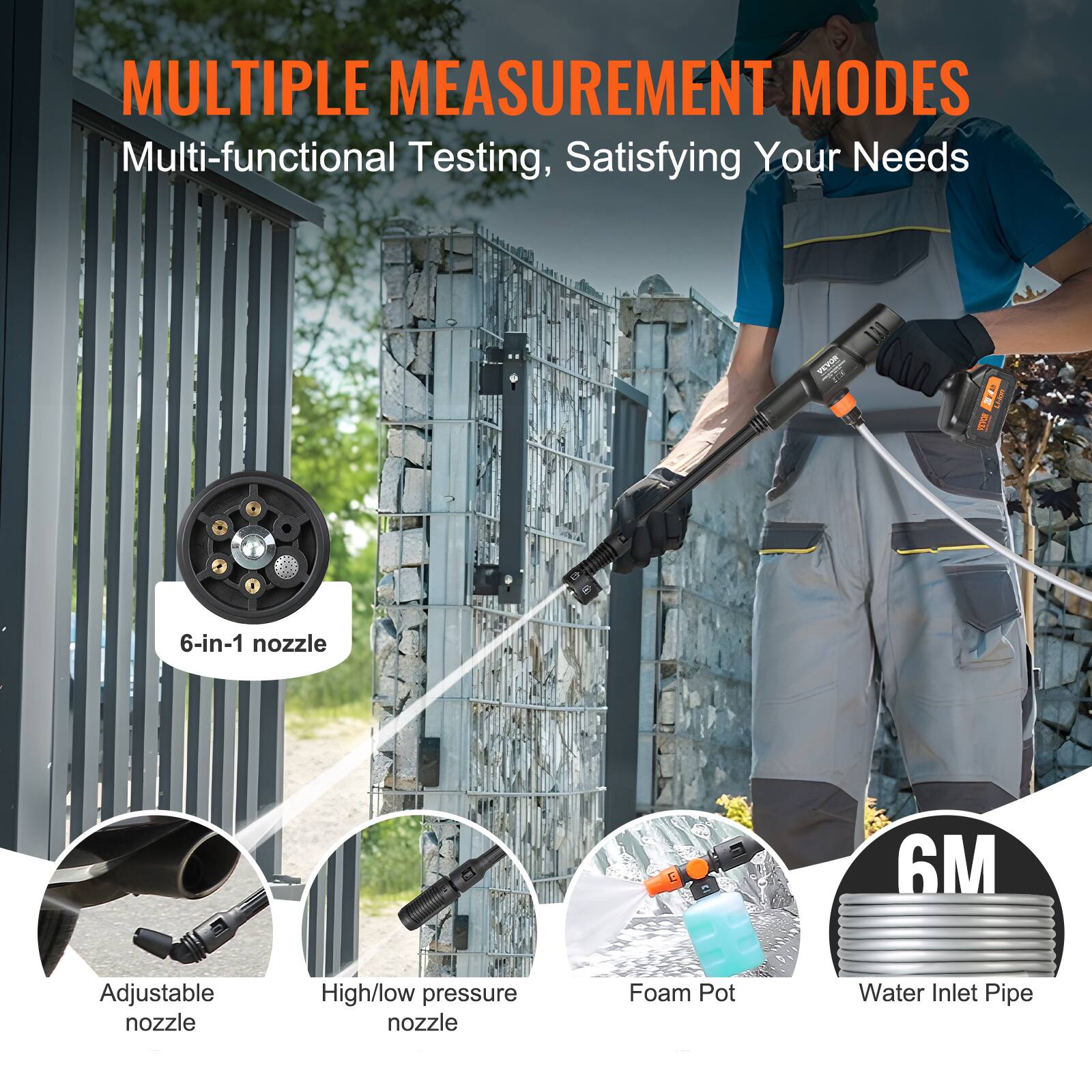 MULTIPLE MEASUREMENT MODES  
Multi-functional Testing, Satisfying Your Needs  

- 6-in-1 nozzle  
- Adjustable nozzle  
- High/low pressure nozzle  
- Foam Pot  
- 6M Water Inlet Pipe