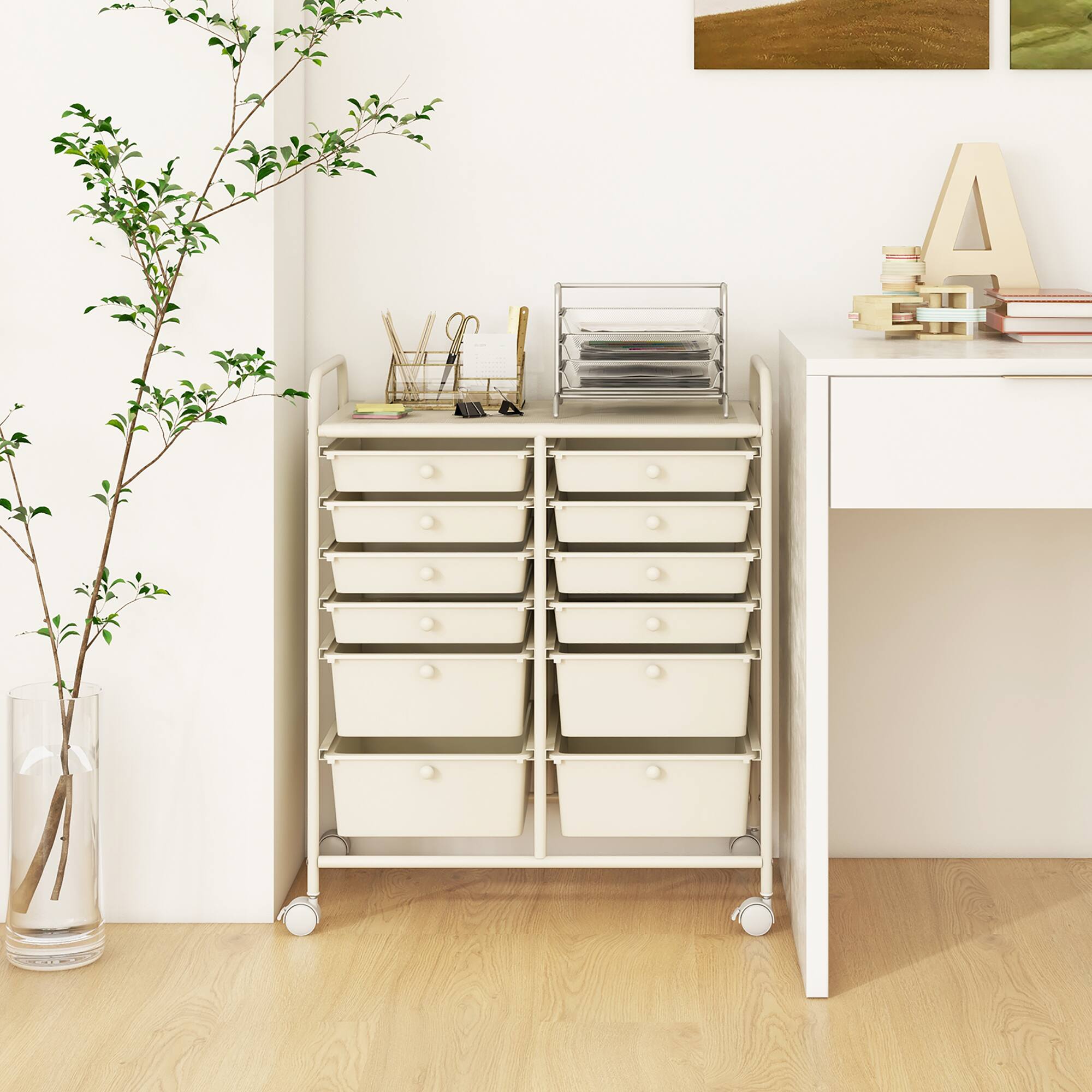 Alt View 3. Gymax - Gymax 12-Drawer Rolling Storage Cart w/ 2 Sizes Plastic Drawers White - White.