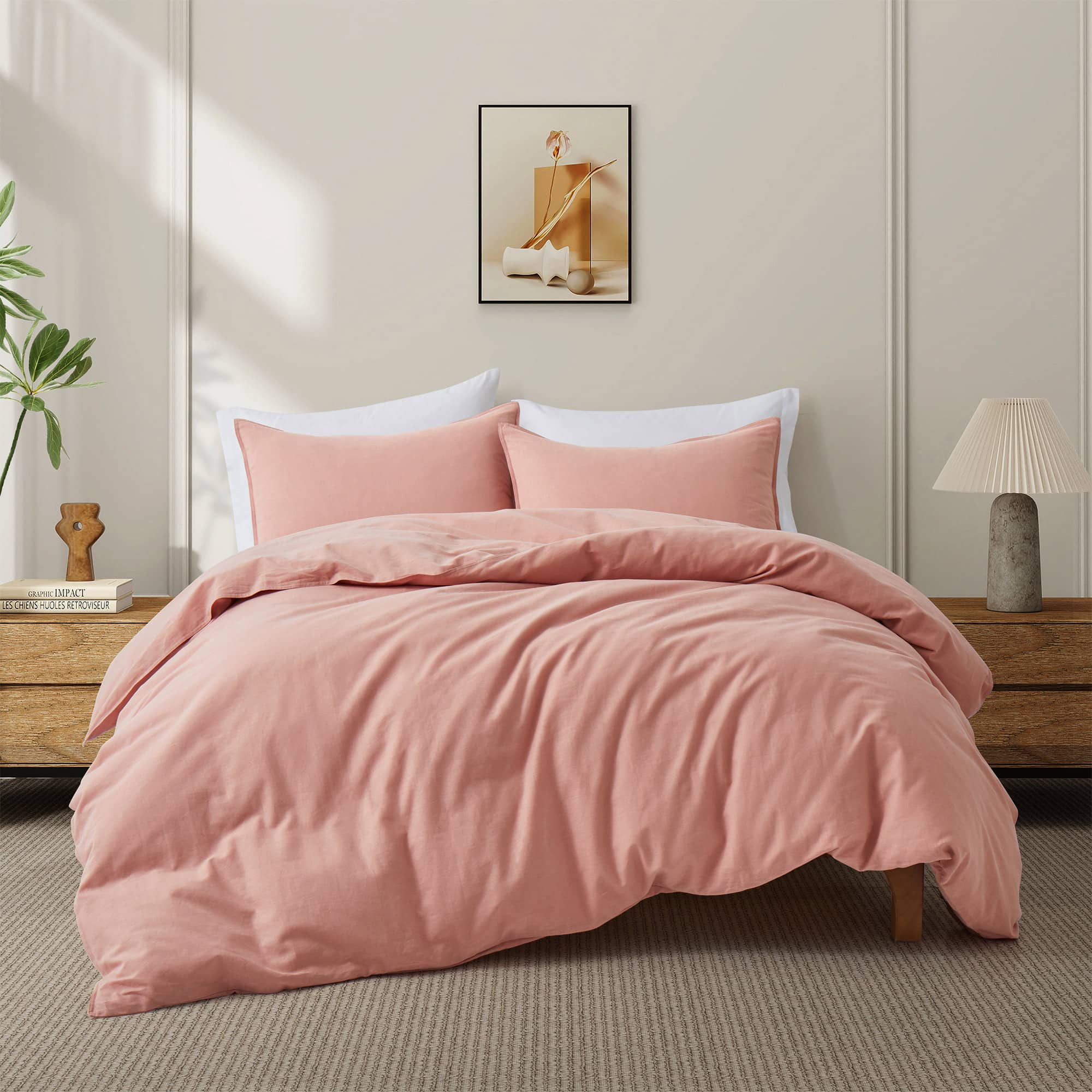 Peace Nest - Linen Cotton Blend Duvet Cover Set, King - Pink