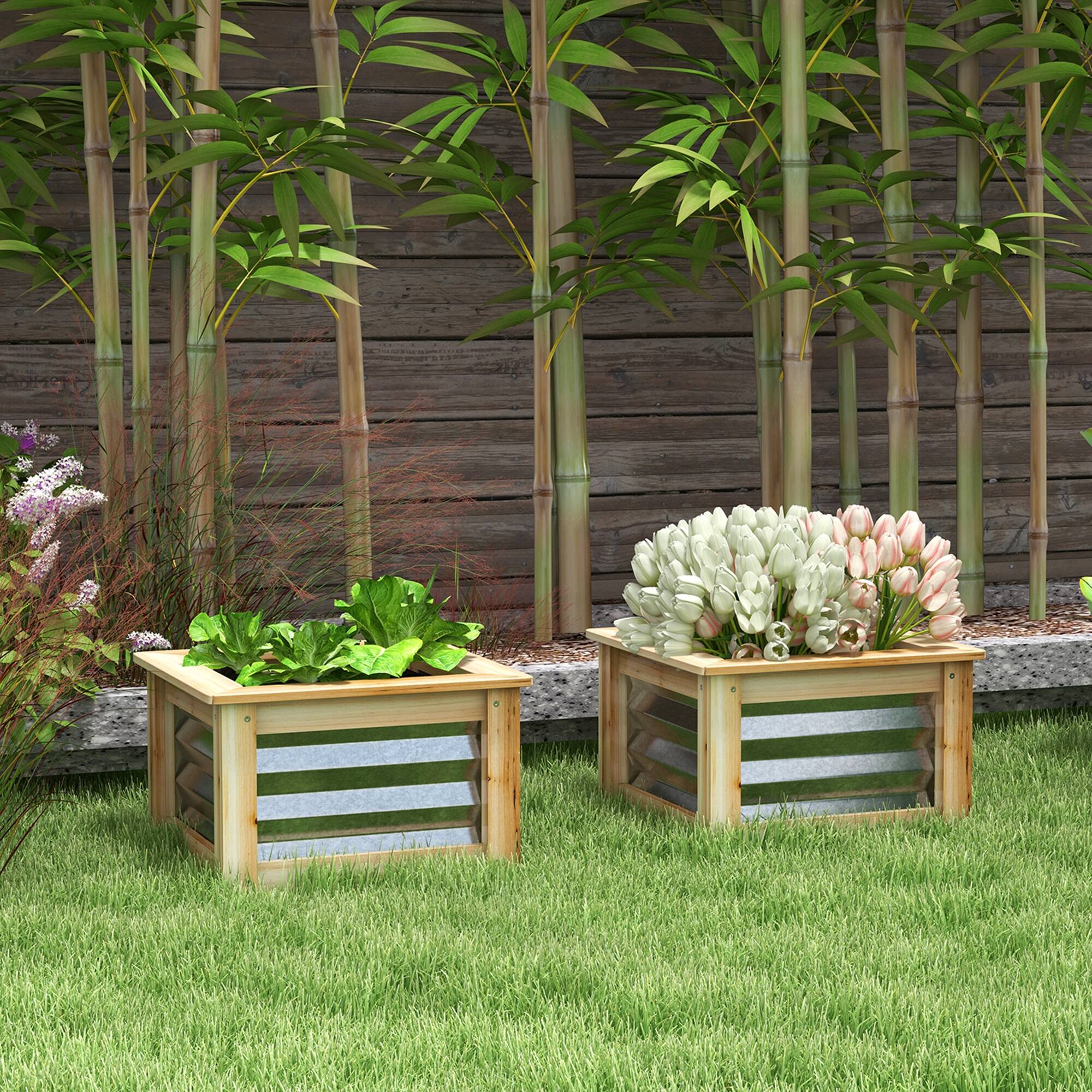 Alt View 1. Outsunny - Garden Beds Set of 2, Metal and Wood Combined Planter Box, for Growing Flowers - Natural and Silver.