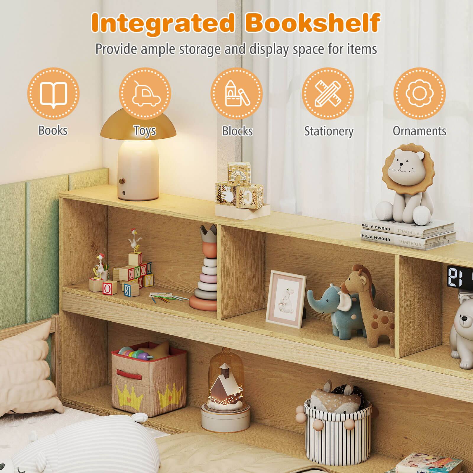 Alt View 7. Costway - Costway Full Size Montessori Floor Bed with Bookcase Storage Shelves & Safety Fence Rails - Natural.