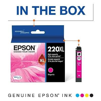 IN THE BOX

DESIGNED FOR EXCELLENCE

EPSON
EXCEED YOUR VISION

220XL
High-capacity
2.5x more prints*

XL
2.5x plus de tirages*

Magenta M

GENUINE EPSON INK