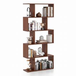 Costway - 1 PCS 5-Tier Bookshelf Geometric S-Shaped Bookcase Room Divider Storage Display Shelf - Walnut