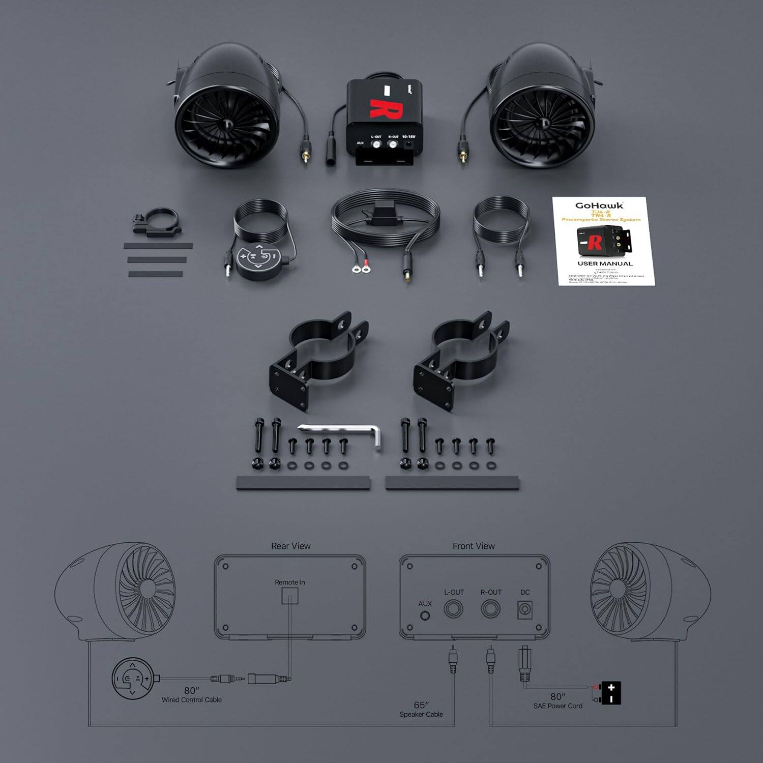 I R - GoHawk O.4 A R UGER MANUAL 4 17 1000 . . Rear View Front View Remote In AUX L-OUT R-OUT DC 80" Wired Control Cable 65" Speaker Cable 80" SAE Power Cord