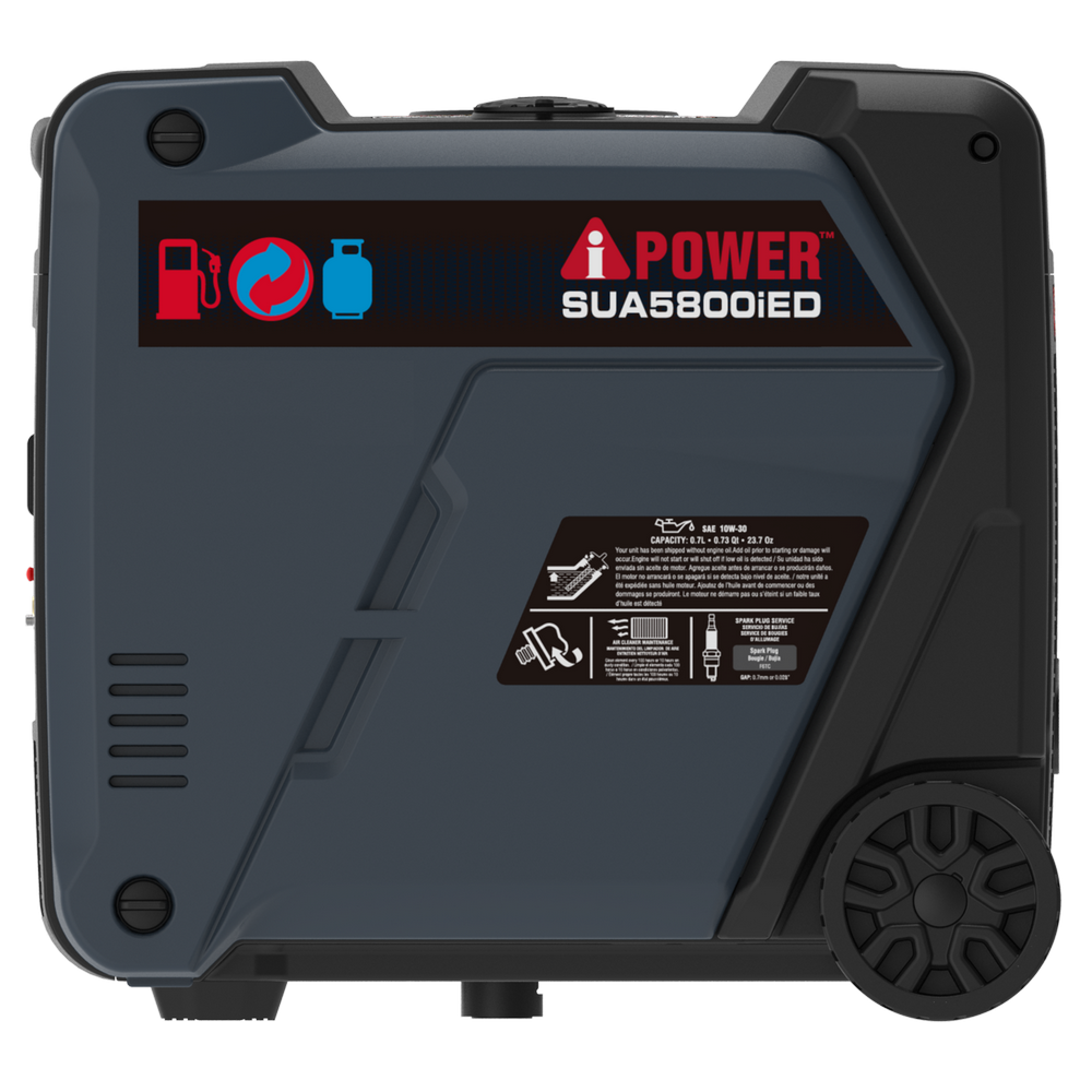 POWER SUA5800iED

CAPACITY: 51.1 L (13.4 US gal) - 23.7 L (6.3 US gal)

- Fuel: Gasoline
- Oil: Engine Oil
- Battery: Maintenance-Free Battery

SAE 10W-30

SPARK PLUG SERVICE

GAS: 2000 hours

AMPS: 2000 hours