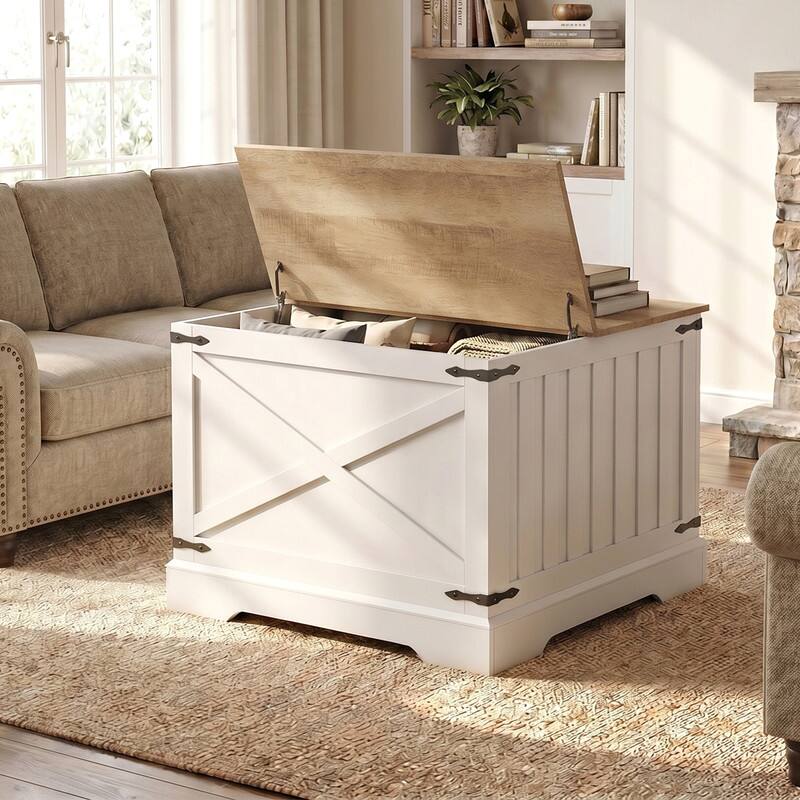 Alt View 2. WELLFOR - 31.5 " Farmhouse Lift Top Coffee Table  with Large Hidden Storage, Square Wood Center Table for Living Room - Brown.