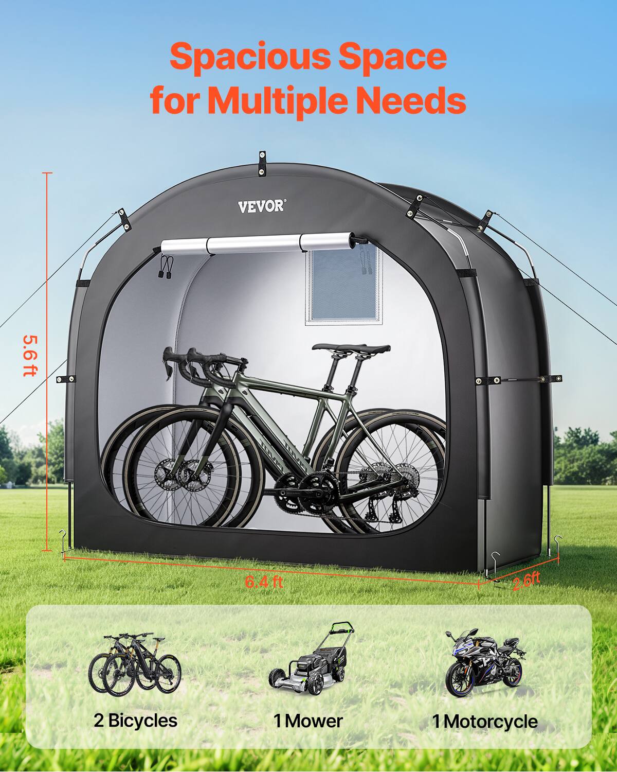 Spacious Space for Multiple Needs VEVOR 5.6ft 6.4ft 2.6ft 2 Bicycles 1 Mower 1 Motorcycle